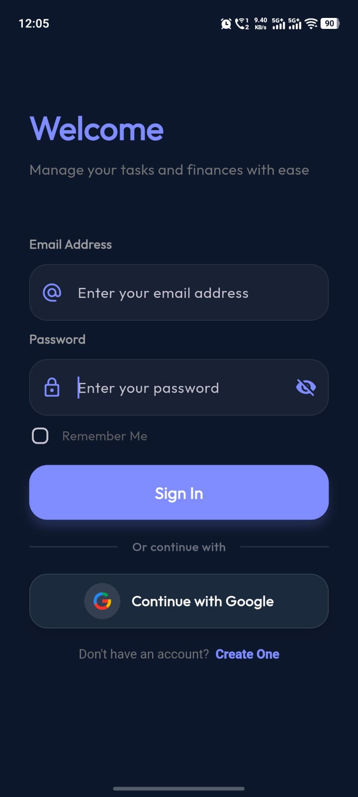 Welcome & sign in screen